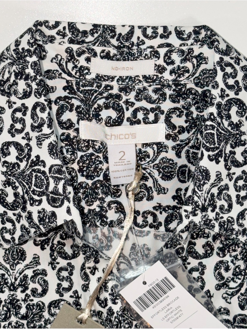 Chico's NO IRON Shirt Top Black White Button Up Long Sleeve Sz 2 L 12 NWT $85 - Picture 7 of 12